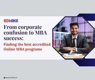Smiling confident man in a suit at a desk, symbolizing success after finding the best accredited Online MBA programs from Edhike.