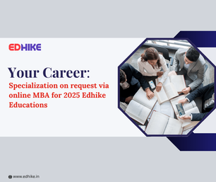 Four professionals collaborating around a table with open books and laptops, symbolizing customized learning and career specialization in an Online MBA.