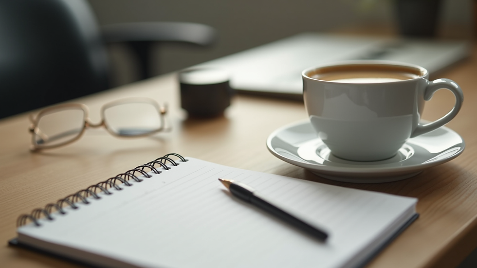Close-up view of a notebook and a cup of coffee on a desk, symbolizing work and self-care
