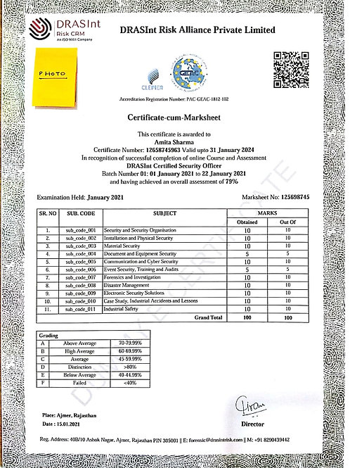DRASInt Risk Alliance Private Limited Certified Security Officer (DCSO)