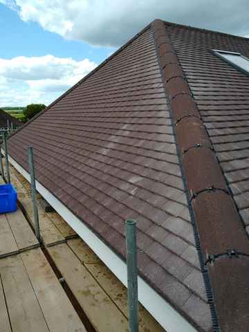 A house with a brown shingle roof.
