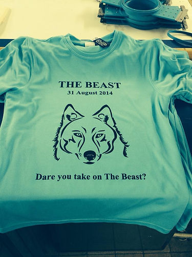 A light blue t-shirt with screen-printed details