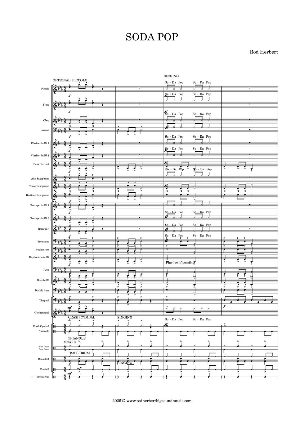 "SODA POP SODA POP " - INTERMEDIATE CONCERT BAND COMPOSITION - Grade 1.5 - Rod Herbert. www.rodherbertbigsoundmusic.com