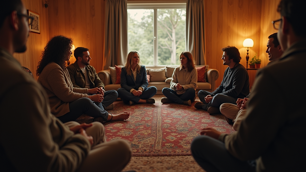 Eye-level view of a cozy room with people sitting in a circle sharing stories