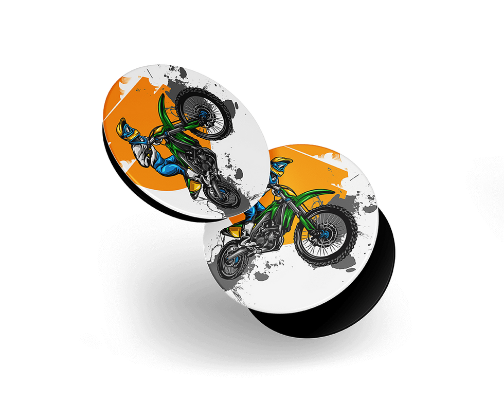 Two Pop Sockets with dirt bike rider graphic