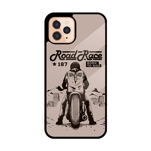 Phone case with motorcyclist and 'Road Race' design