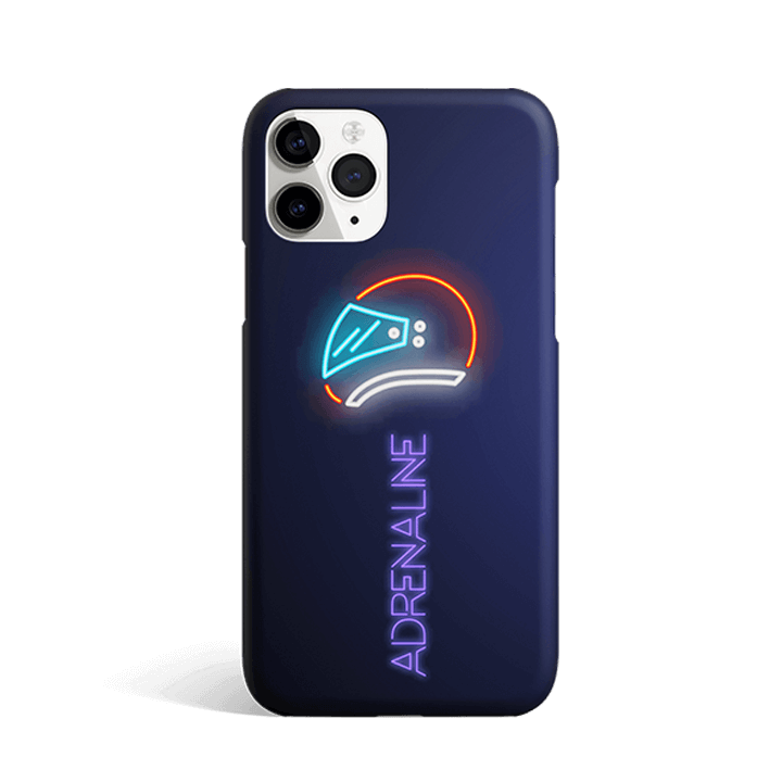 Navy phone case with neon helmet and ADRENALINE text