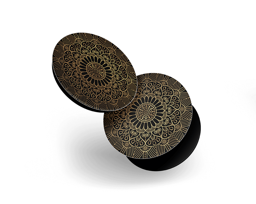 Two Pop Socket D130 tops with intricate gold mandala patterns