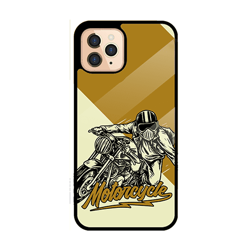 Phone case with retro motorcycle design, rider, 'Motorcycle' text