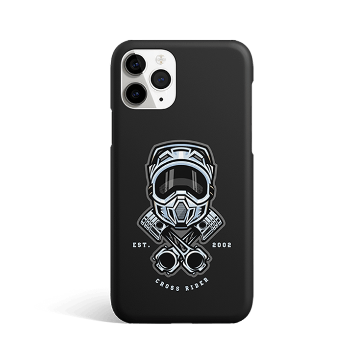 Black phone case with a helmet, pistons, and "TOUGH RIDER" design.