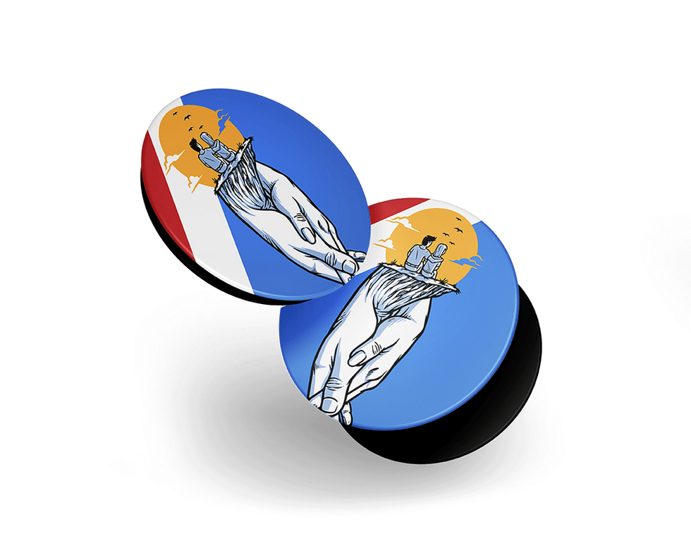 Two emblems with outstretched hands and sun