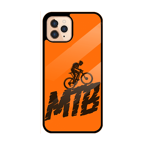 Orange phone case with mountain biker and MTB text