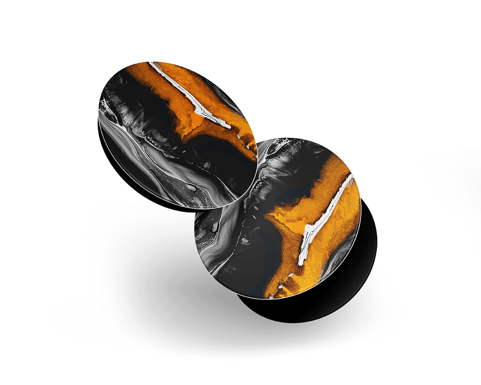 Two Pop Socket D35 with black, orange, and silver marbled pattern