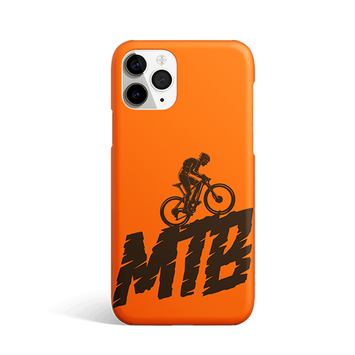 Orange phone case with mountain biker and MTB text