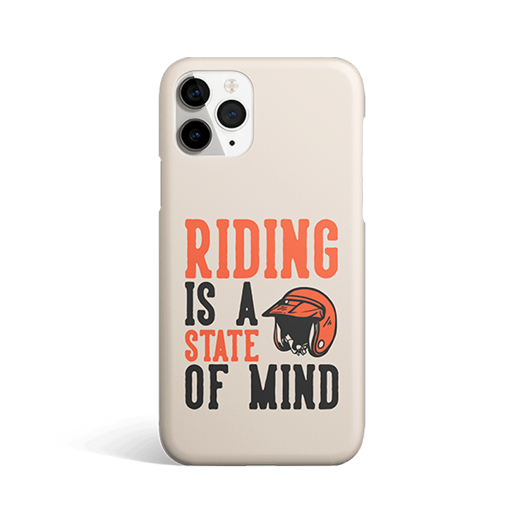 Phone case with 'RIDING IS A STATE OF MIND' and helmet