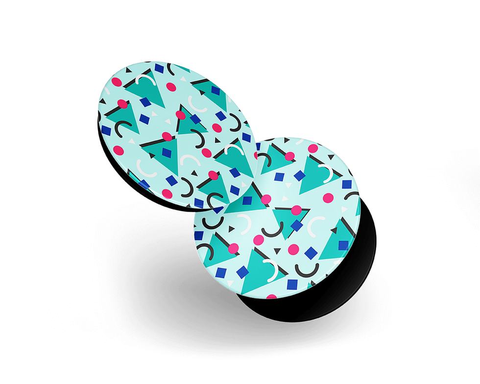 Pop Socket with geometric teal, blue, and pink pattern