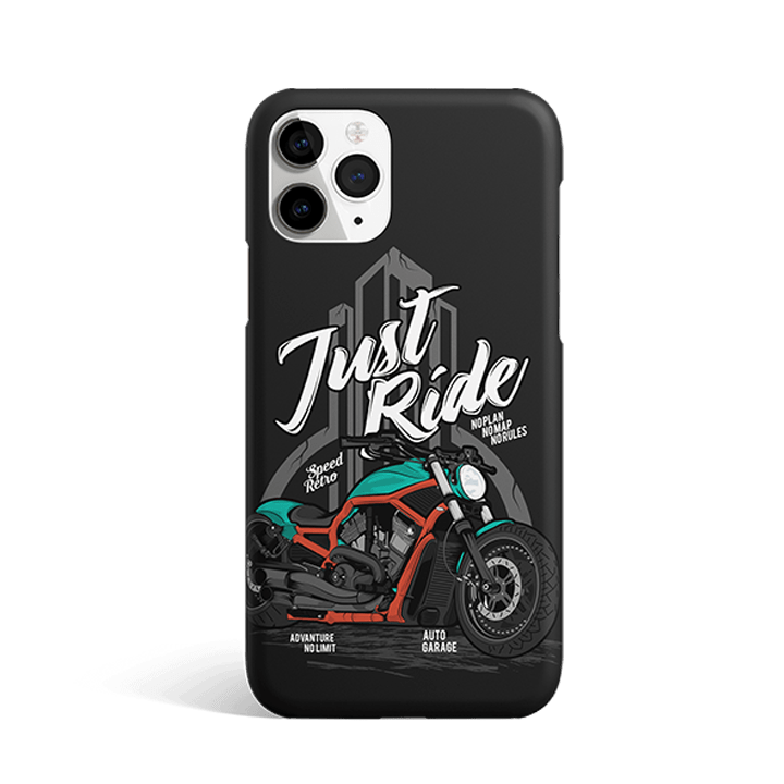 Black iPhone case with 'Just Ride' motorcycle design