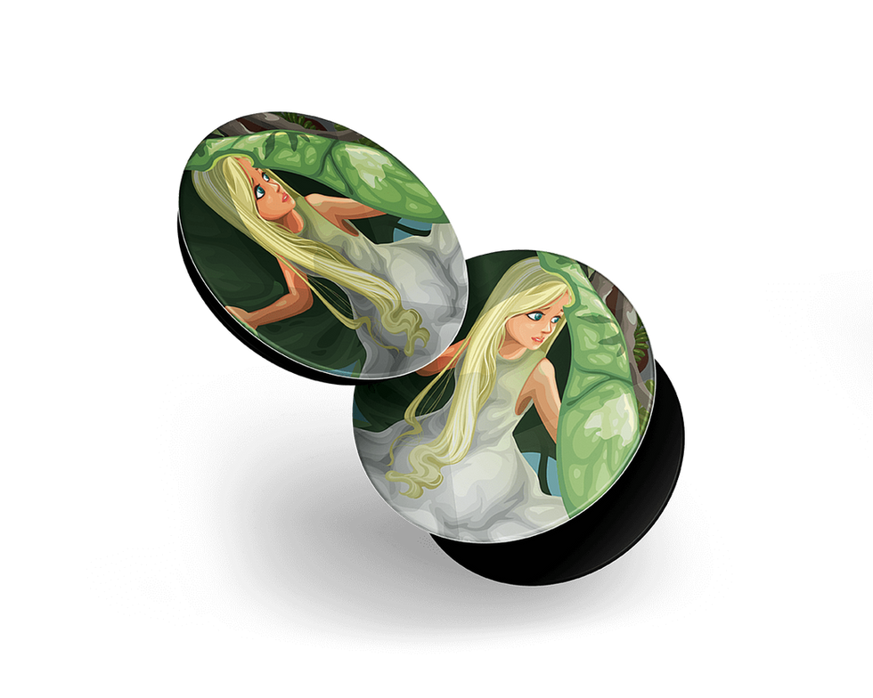 Two Pop Socket designs with blonde woman in green leaves