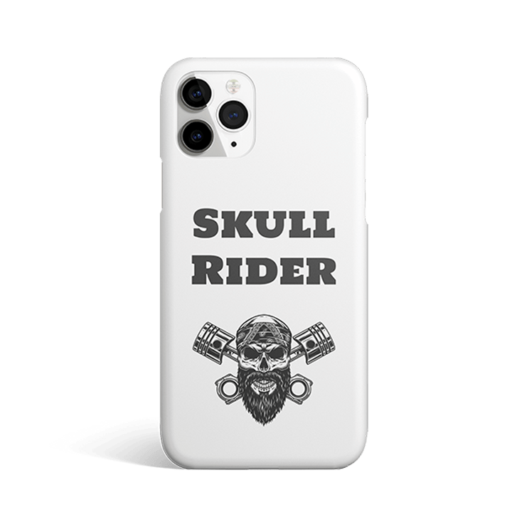 White phone case: SKULL RIDER text, skull, and engine pistons