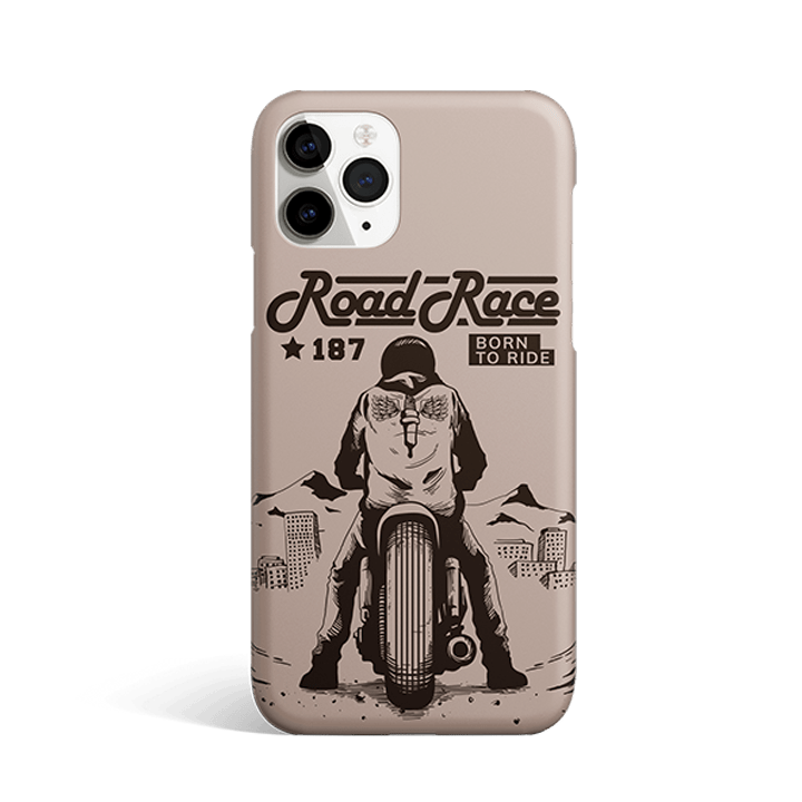 Phone case with 'Road-Race 187 Born to Ride' motorcyclist design