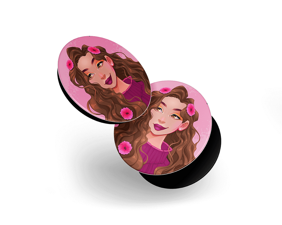 Two Pop Sockets with illustration of smiling woman, pink flowers