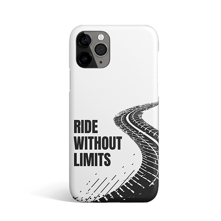 White phone case with "RIDE WITHOUT LIMITS" and tire track design