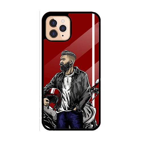 Phone case with bearded man on motorcycle on red background
