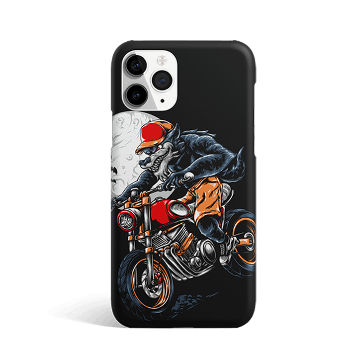 Black phone case with wolf riding motorcycle design