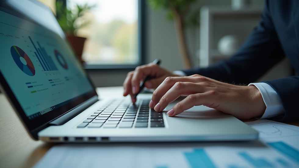 Close-up view of a business professional analyzing data charts on a laptop