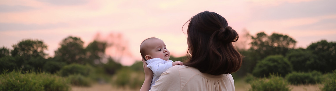 dusty pink sky of a mother holding a baby, backlit outside in nature.jpg