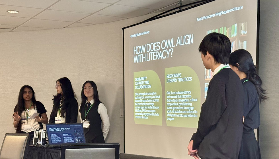 Grade 11 students working with South Vancouver Neighbourhood House presented the Opening Worlds of Literacy (OWL), showcasing the impact of youth-led programming in making literacy engaging and fun for their peers.