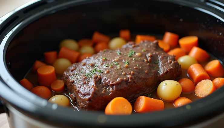 Close-up view of a slow cooker filled with pot roast, carrots, and potatoes