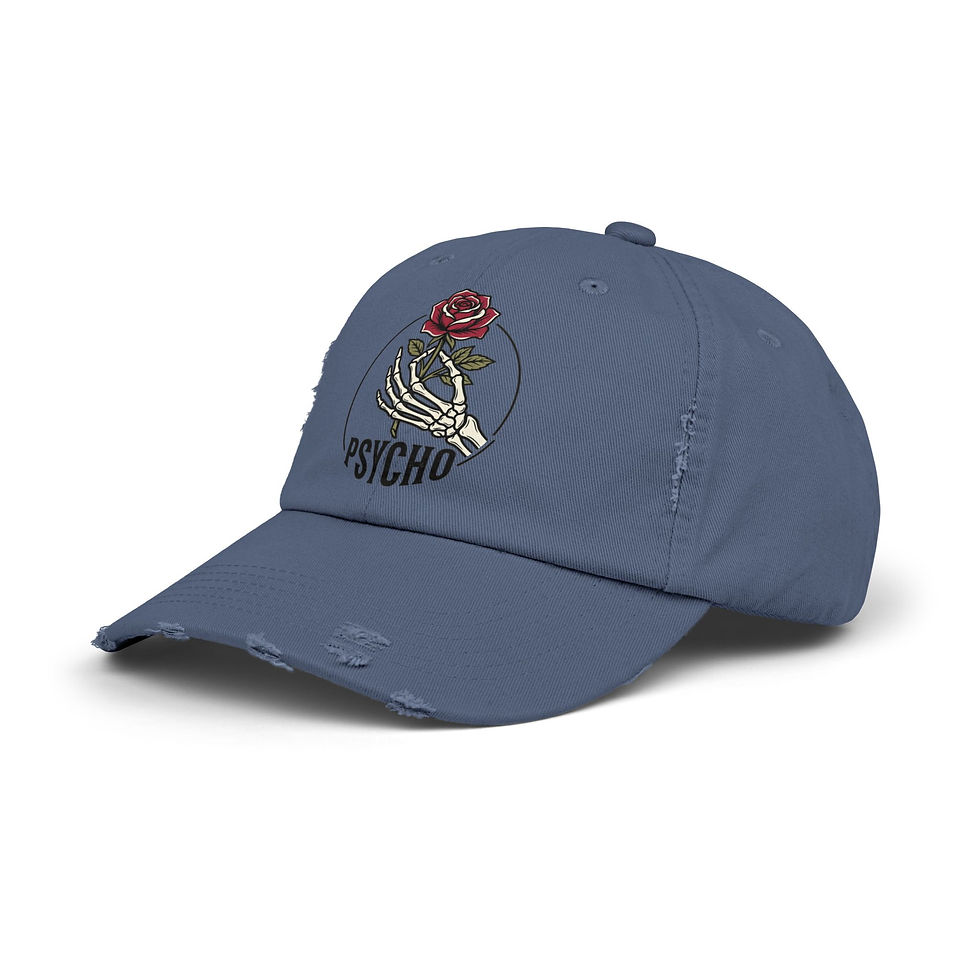 Thumbnail: Distressed Cap — 'Psycho' Skull Hand Holding Rose Vintage Baseball Hat