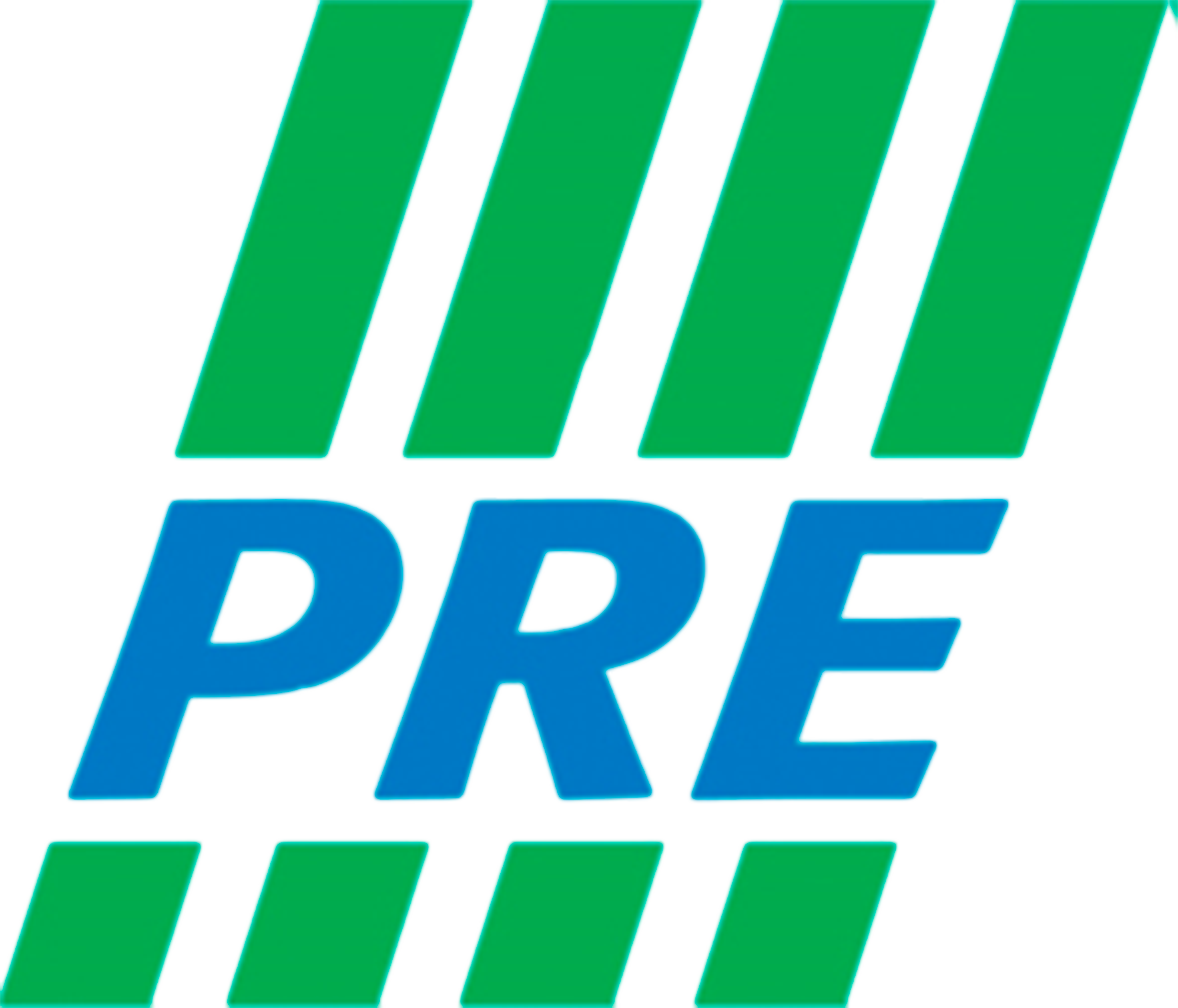PRE logo with green diagonal stripes on a black background