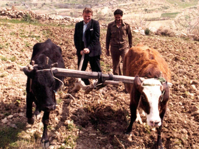 Two men, one in a suit, plowing a field with two oxen