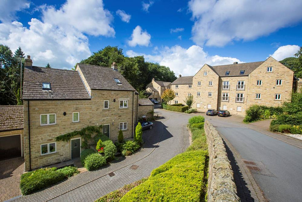 Community of stone residential buildings with road and greenery
