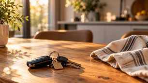 Llaves de auto y un trapo de cocina sin usar sobre una mesa de madera, luz cálida de tarde