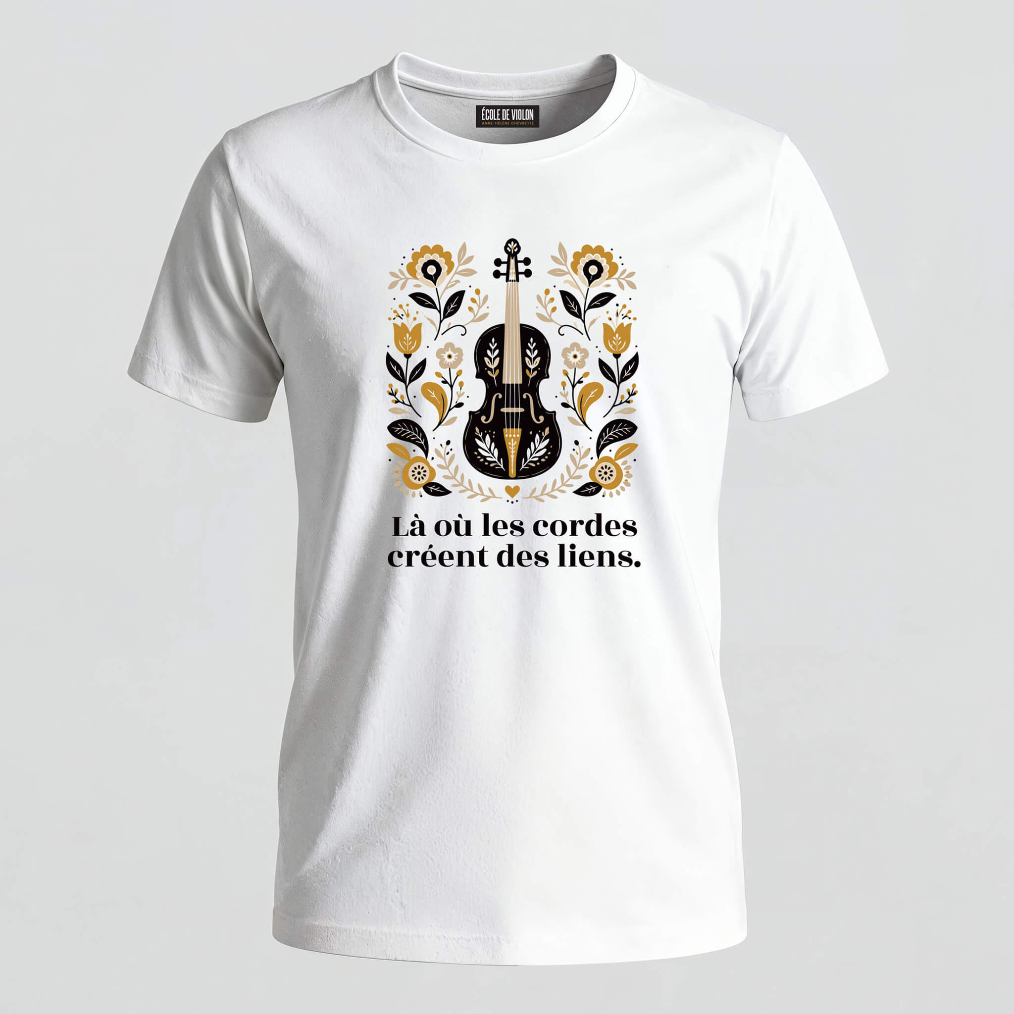 T-shirt blanc Violon Bohème disponible dans les tailles enfant et adulte.