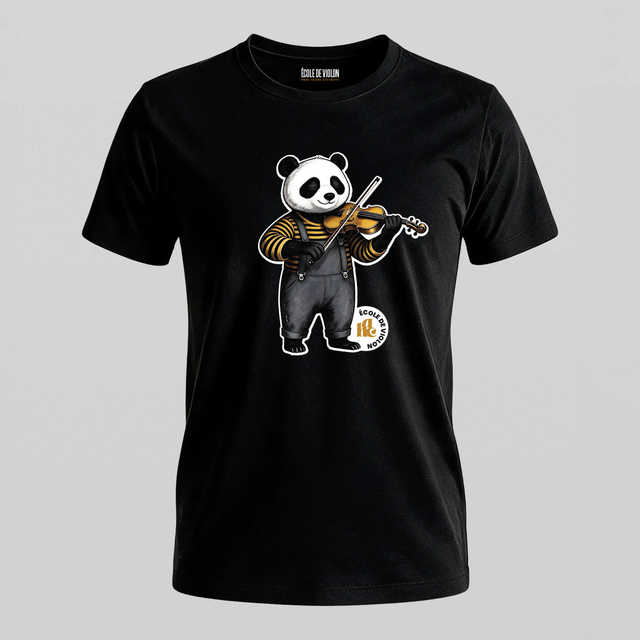 T-shirt noir Panda Violoniste disponible dans les tailles enfant et adulte.