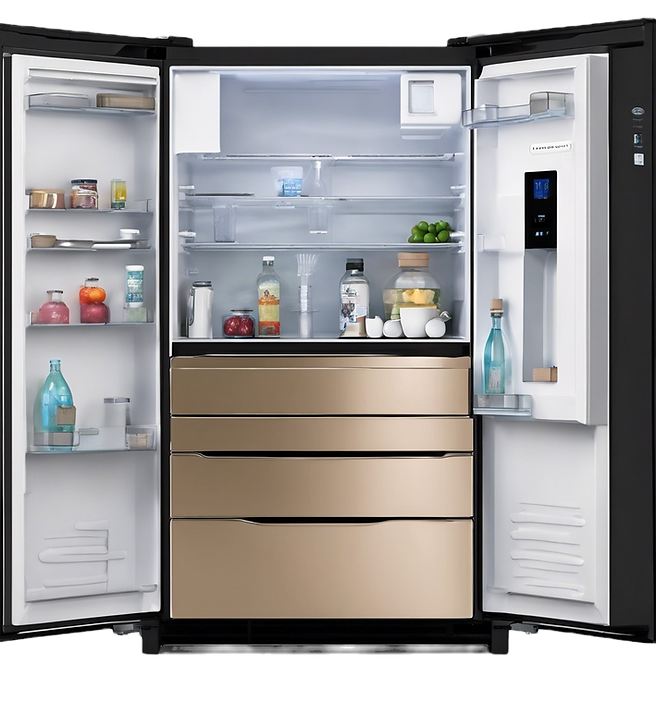 BLACK FRIDGE WITH A IN BUILT SCREEN AND