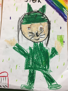 Von den Kindern gemalte Bilder ihrer Katzenverkleidung: Mit Trommeln in der Hand, Musiknoten um sie herum schweben und Regenbogen im Hintergrund.