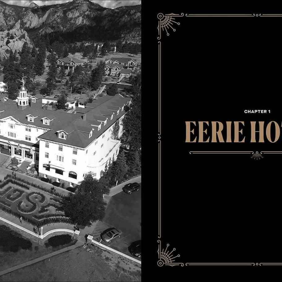 Eerie Hotels title card with aerial view of the Stanley Hotel