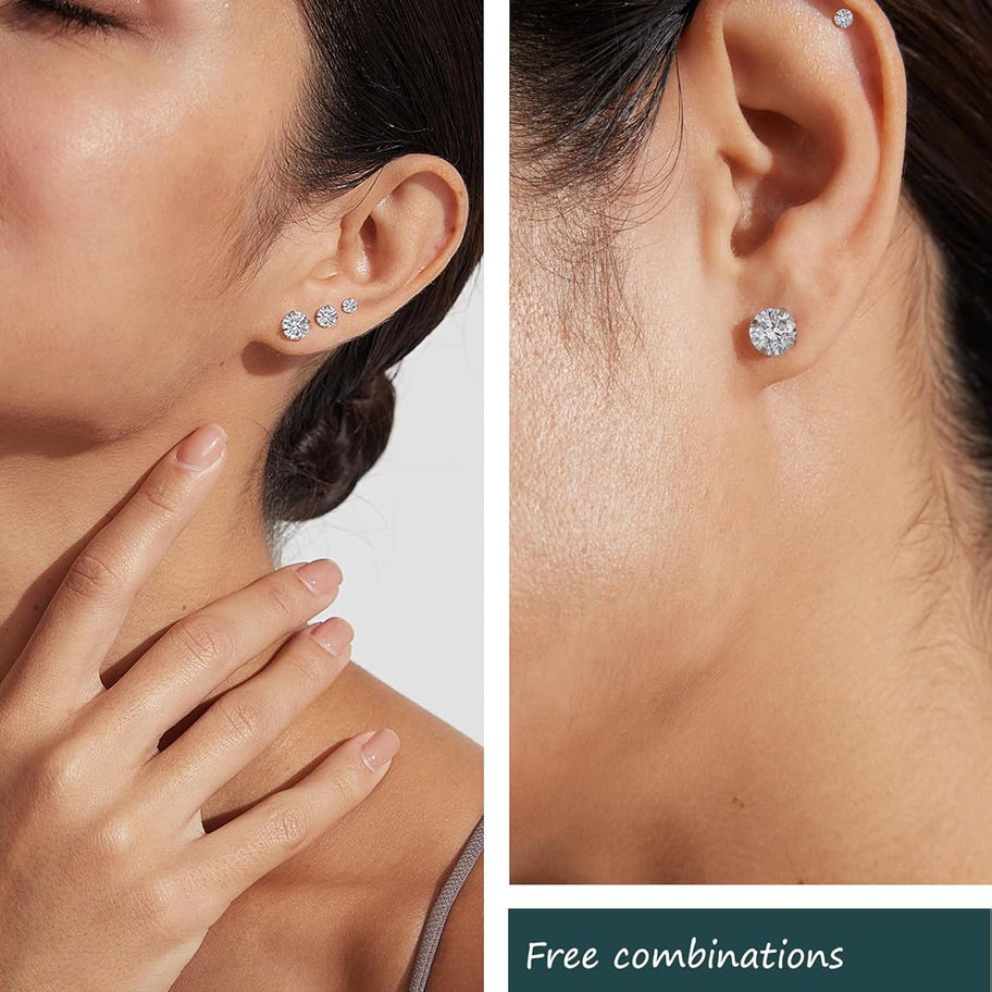 Woman's ears wearing two pairs of sparkling stud earrings