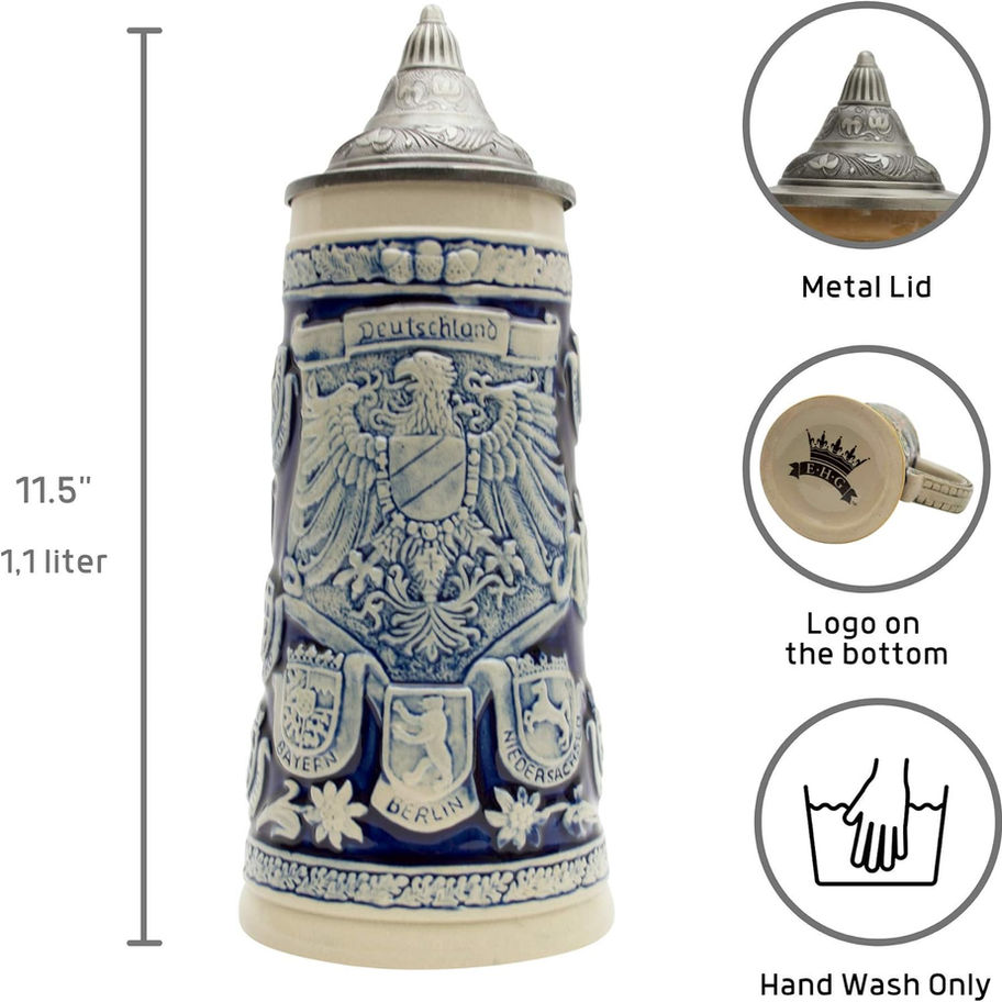 Blue and white German beer stein with metal lid; hand wash only
