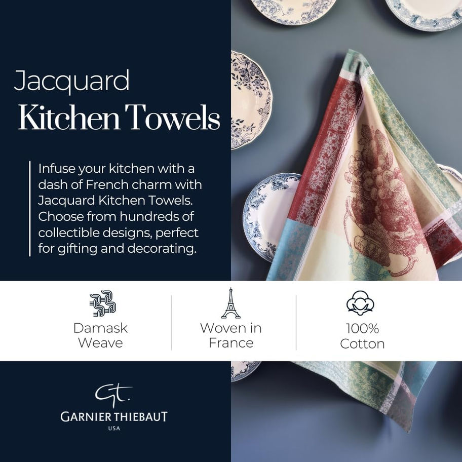 Jacquard kitchen towels by Garnier Thiebaut: Damask weave, woven in France, 100% cotton