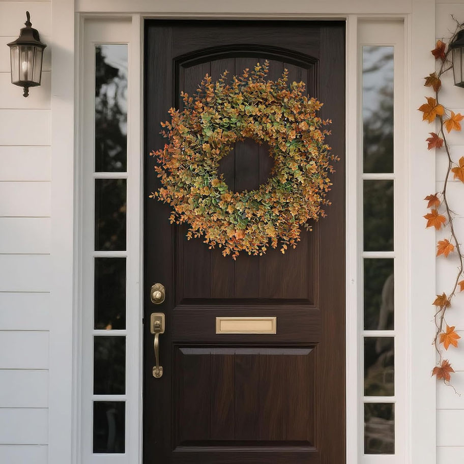 Front door with fall wreath and autumn foliage