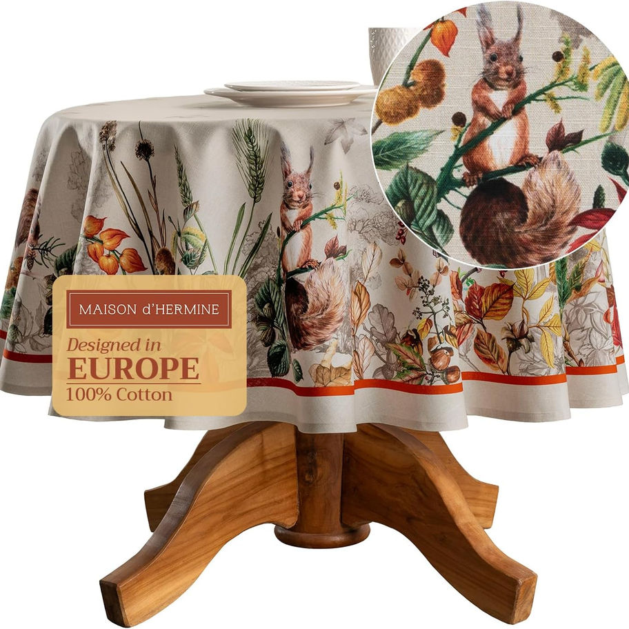 Round tablecloth with squirrel and floral pattern, designed in Europe