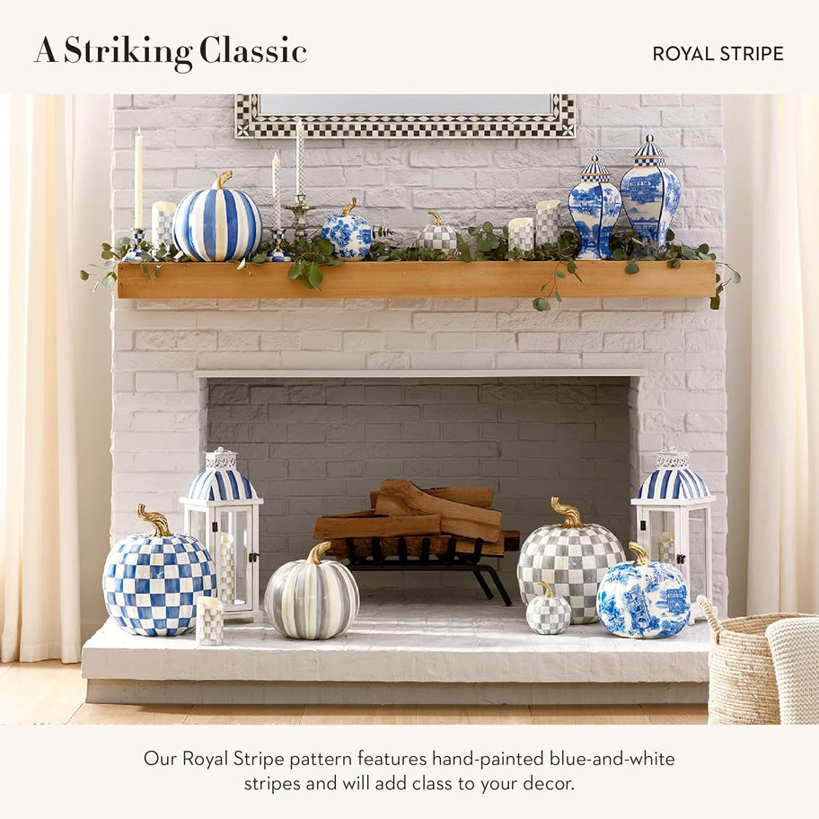 White brick fireplace with blue and white patterned decor