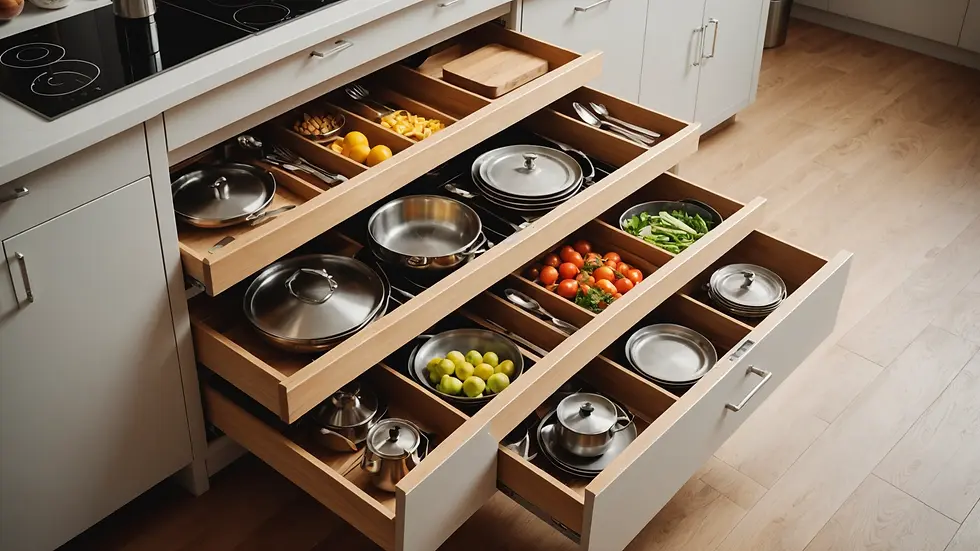 High-angle view of custom compartments in a kitchen cabinet