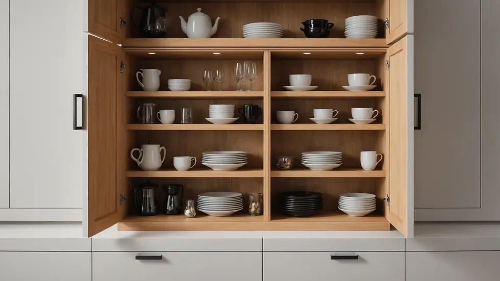 Eye-level view of a beautifully organized custom cabinet with hidden technology